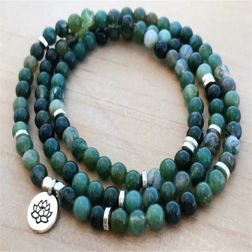 

6MM Moss Agate Bracelet 108 Beads Lotus Pendant Lucky Meditation Wrist Reiki Mala Buddhism Handmade Healing Prayer