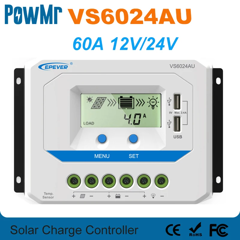 Imagem -02 - Epever 60a Controlador Solar 12v 24v Automático Vs6024au Pwm Controlador de Carga com Embutido Display Lcd e Duplo Usb 5v Porto Epsolar