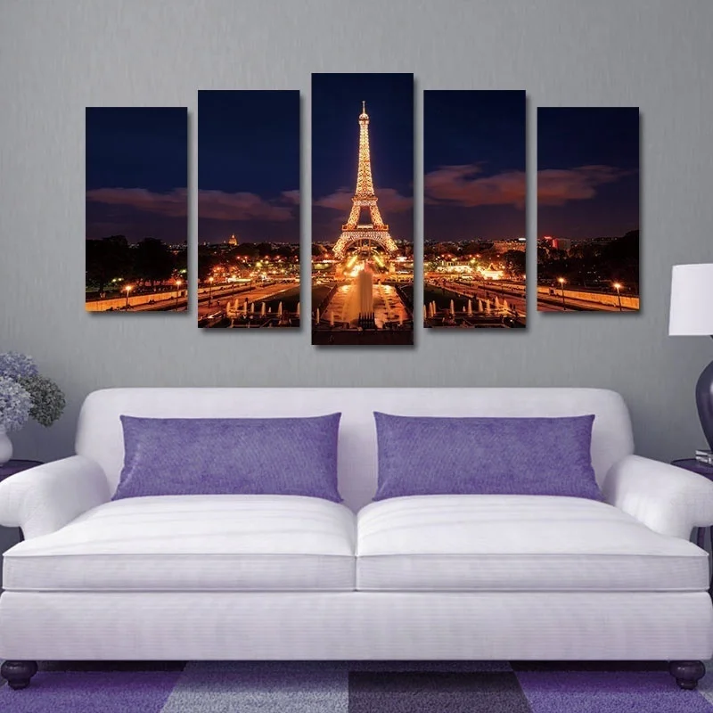 

Night Scene Modern Paris Tower 5 Pcs Modern Home Wall Decor Canvas Picture Art HD Print Painting On Canvas for Living Room