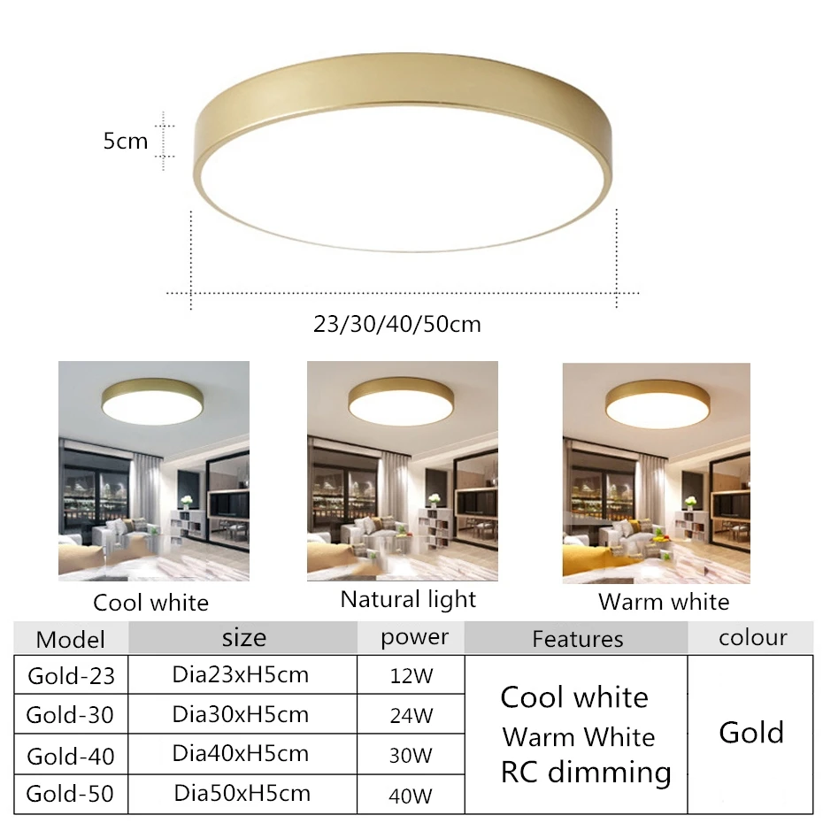 Ultra-thin 5cm Gold LED Ceiling Light Modern Round Surface Mount Flush Panel Ceiling Lamp Remote Control Light For Foyer Bedroom