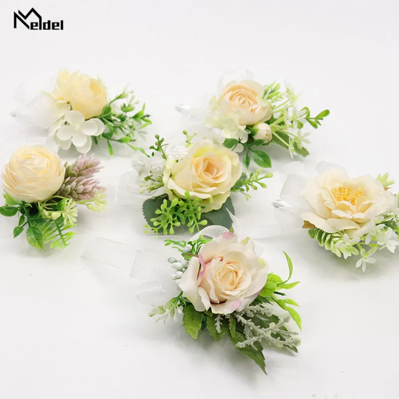 Meldel แต่งงาน Corsages และ Boutonnieres เจ้าบ่าว Boutonniere ผ้าไหมประดิษฐ์ Rose Wedding ข้อมือ Corsage เจ้าสาวสร้อยข้อมือดอกไม้