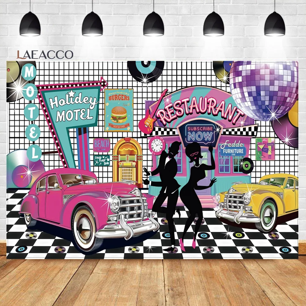 

Laeacco Back To 80's 90's Disco Party Background Old Fashion Mirror Ball Car Adults Portrait Customized Photography Backdrops
