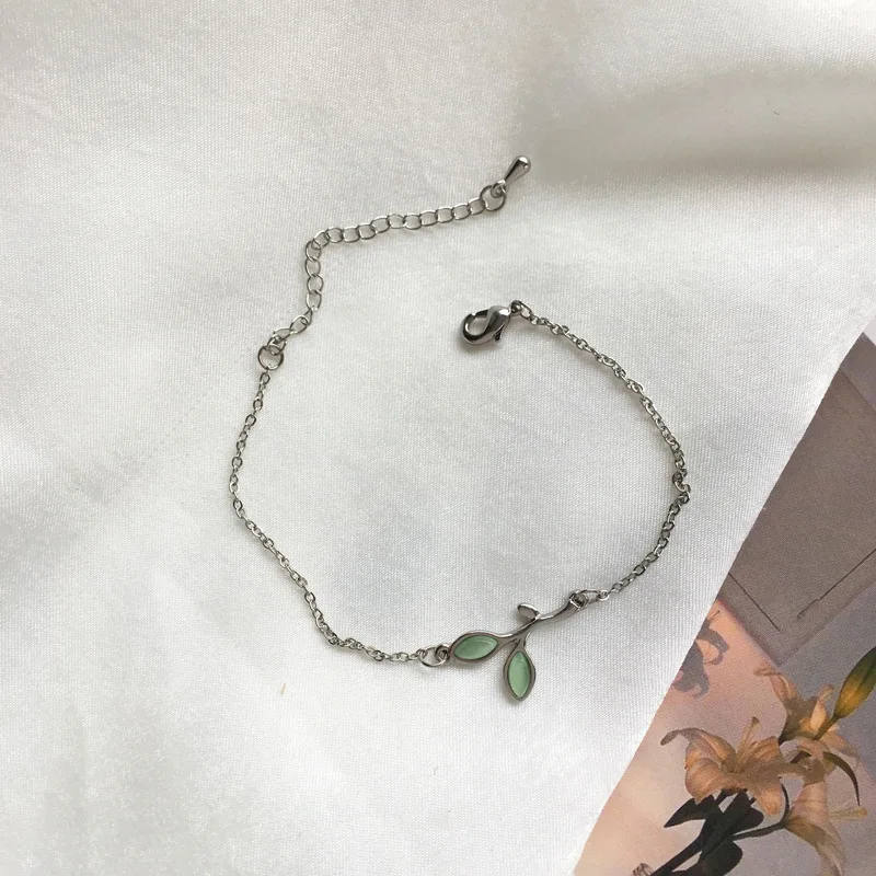 Mori senhora árvore ramo broto charme elegante ajustável pulseiras simples verde folha de pedra pulseira para meninas femininas