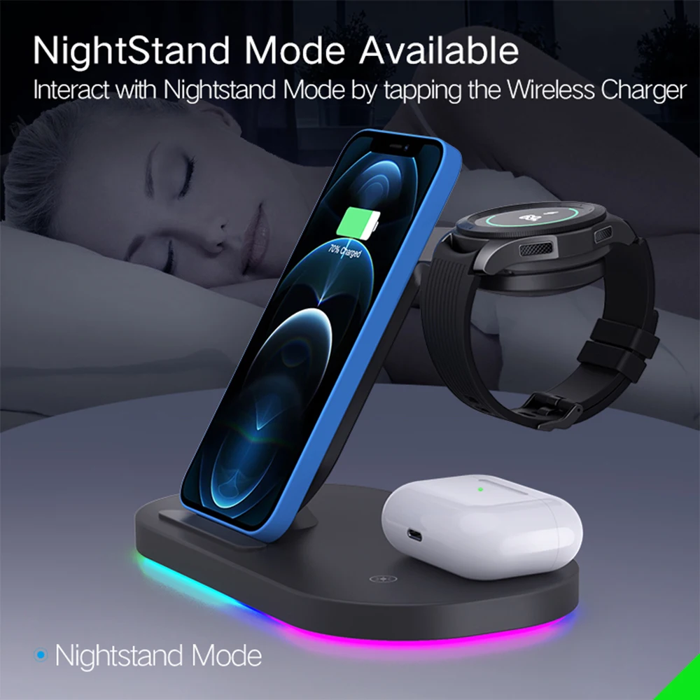 3 IN 1 Wireless Charger Station For Samsung S21/S20/S10 Galaxy Watch 4 Classic Wireless Charging For iPhone 13 12 Airpods 2 Pro