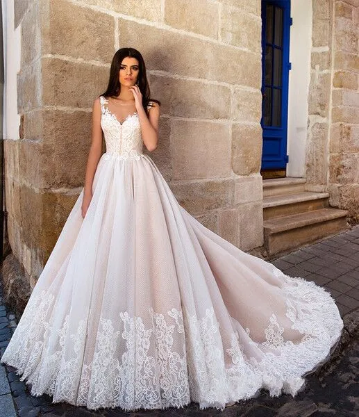 Robe de mariée bouffante en dentelle au col transparent, coupe trapèze, sur mesure, Vintage, Champagne, 2019