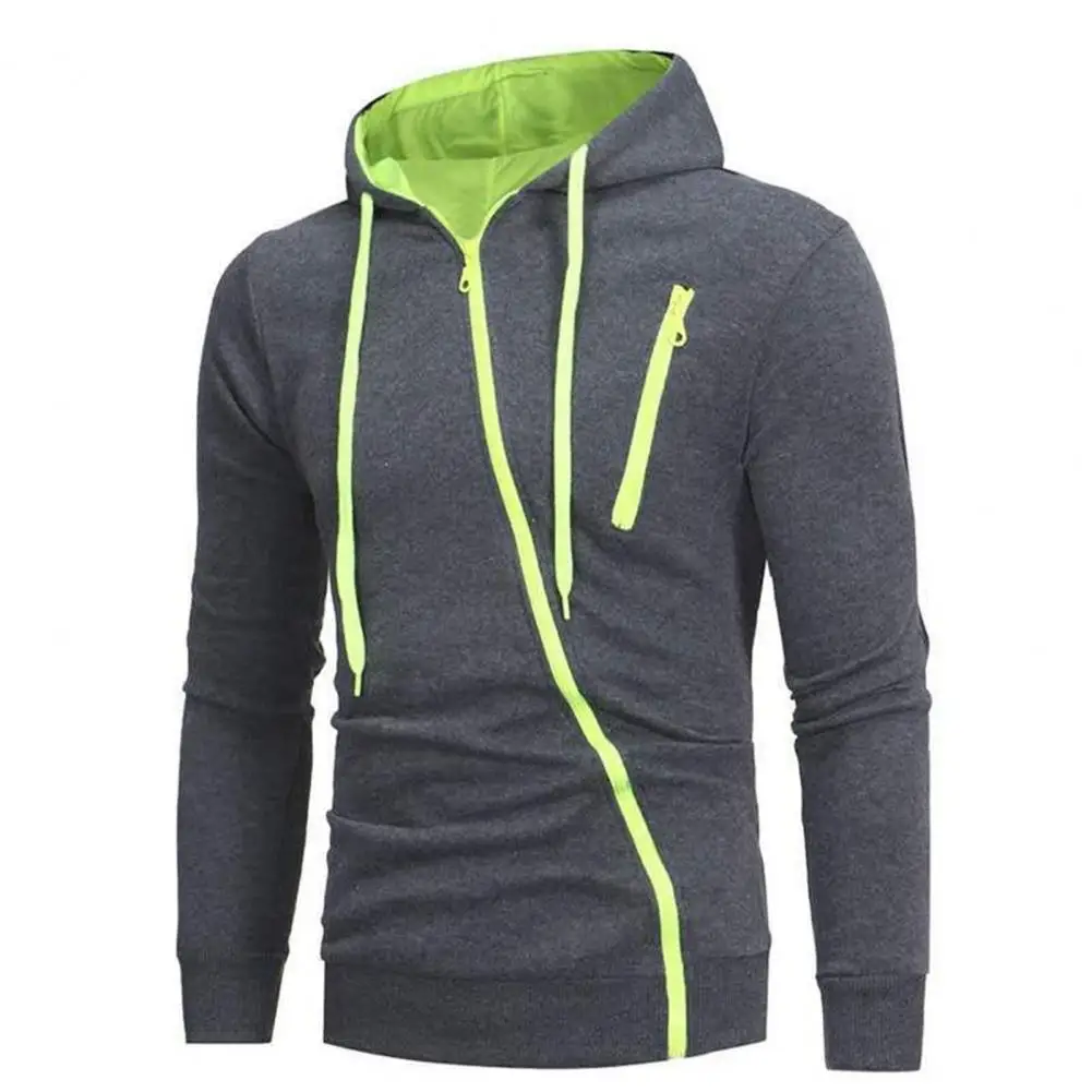 Sudadera con capucha informal para hombre, abrigo con cremallera oblicua, chaqueta ajustada, suéteres de colores de contraste, jerséis masculinos, Otoño e Invierno