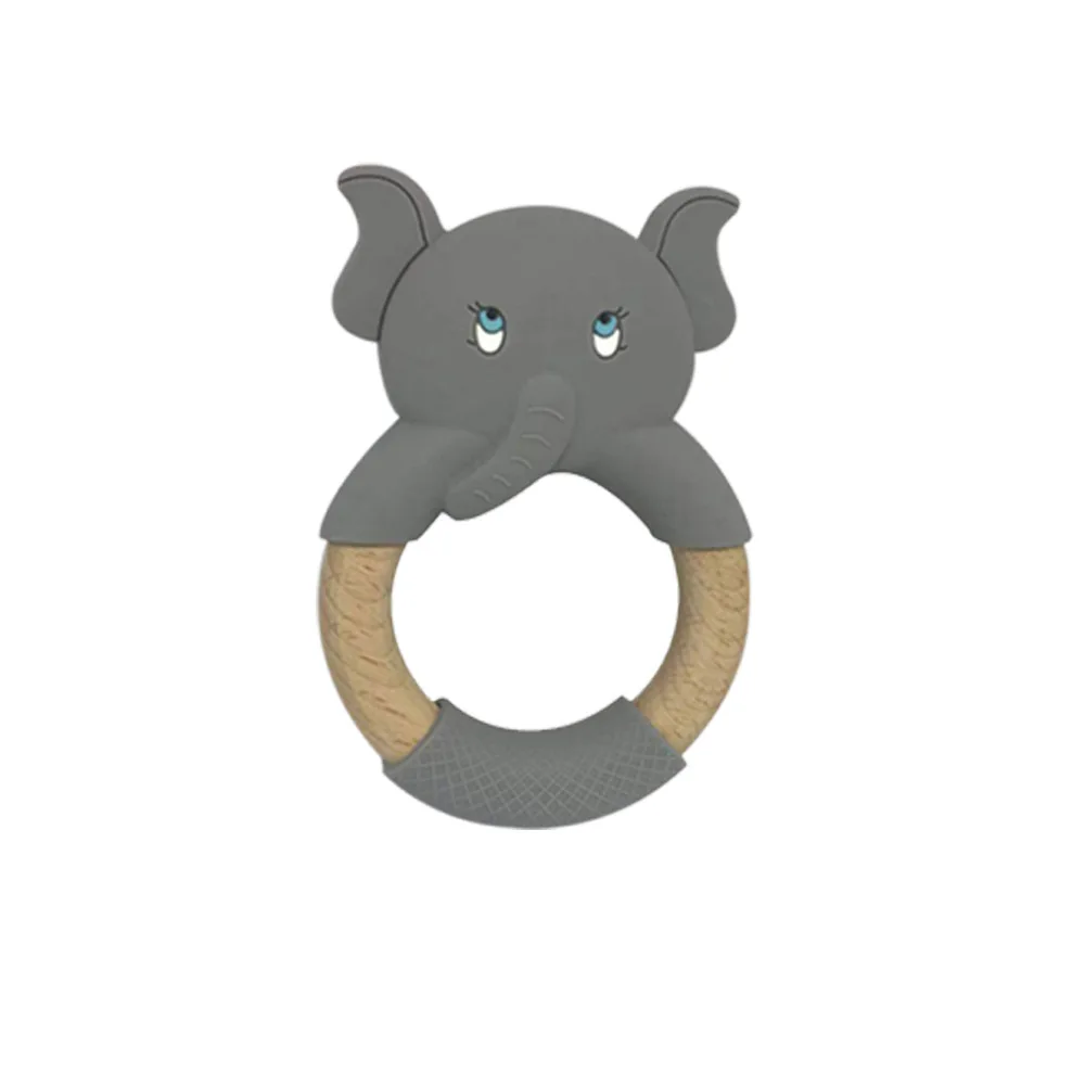 Baby Silicone Teether Cartoon Elephant Teething Toy Beech Wood Ring Infant Comfort Toys