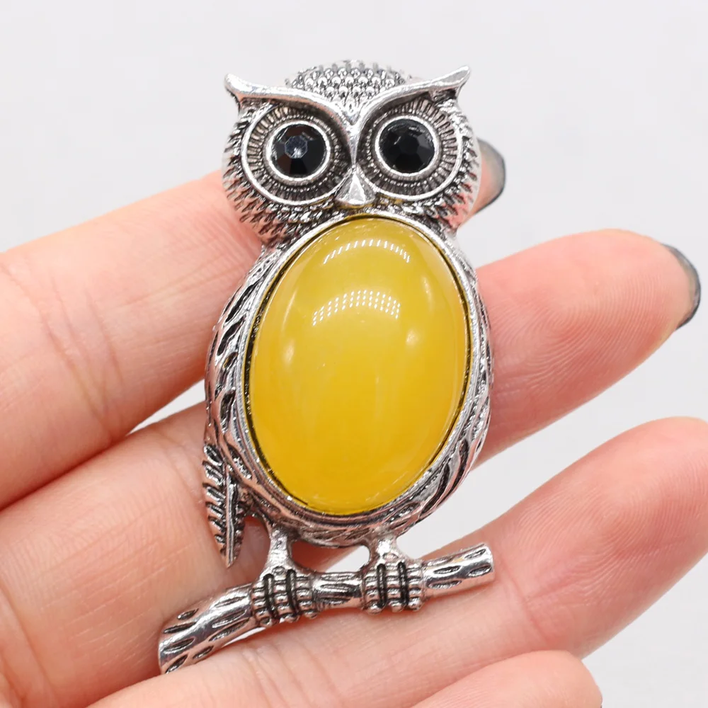 Vintage Alloy Owl Pendant Natural Stone Tiger Eye Amethysts Shell Brooches for Women Charms DIY Necklace Pins Jewelry Gift