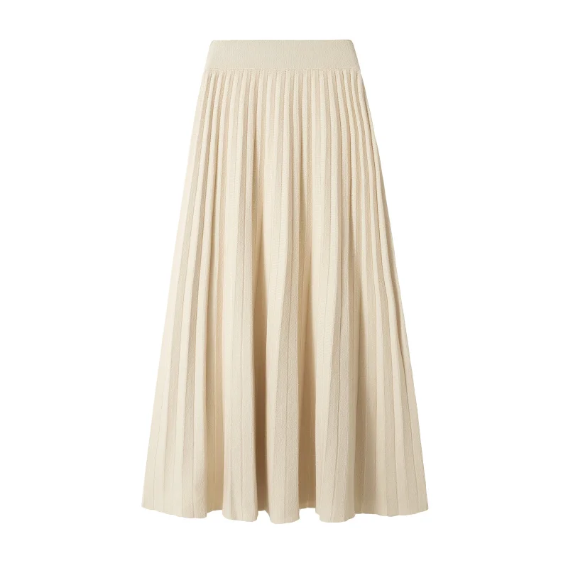 gkfnmt Elegant Midi Pleated Knitted Skirt Women 2020 Autumn Winter Korean Knee Length a line High Waist Skirt Female Ladies