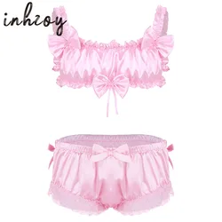 Mens Satin Lingerie Exotic Sets Gay Male Crossdress Sissy Nightwear Pink Lace Ruffle Bra Tops with Briefs Thongs Clubwear