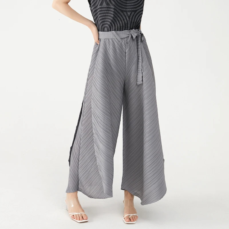 Miyake Pleated Wide Leg Loose Pants Stitching Casual Big Trousers Women Summer Dubai Designer Fashion Belt Aesthetic Clothes