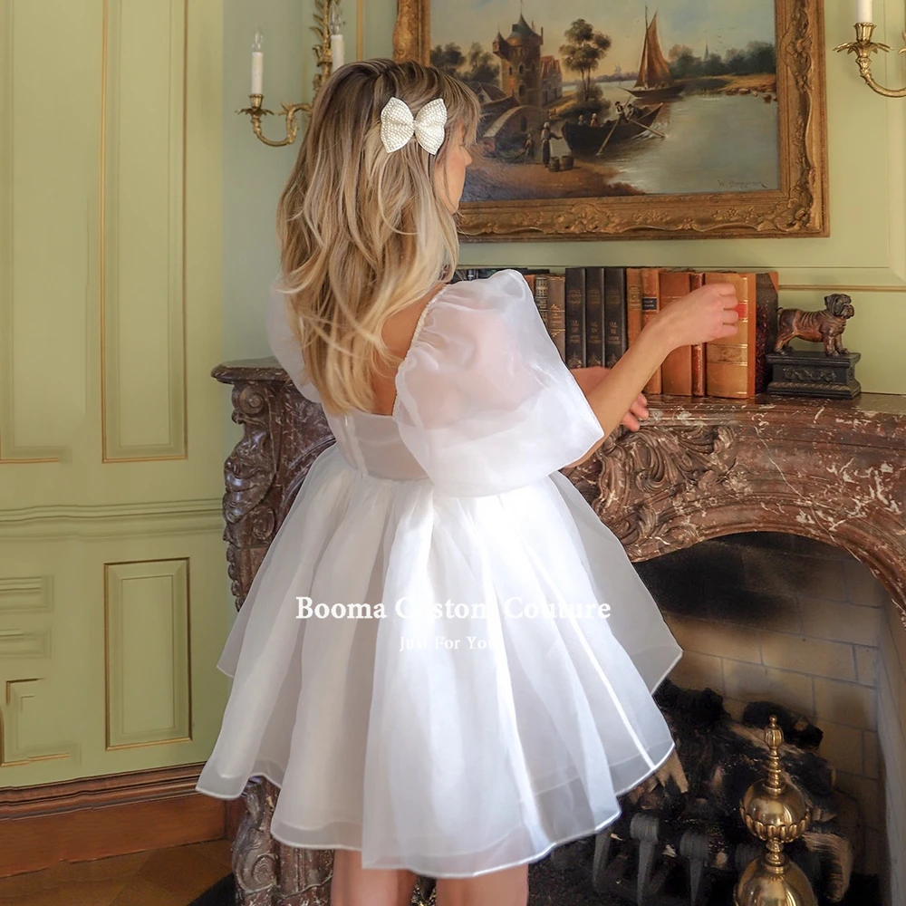 Booma Dreamy Puff Ärmeln Mini Prom Kleider Square Neck Organza Kurze Prom Kleider Babydoll Reich Über Dem Knie Party Kleider