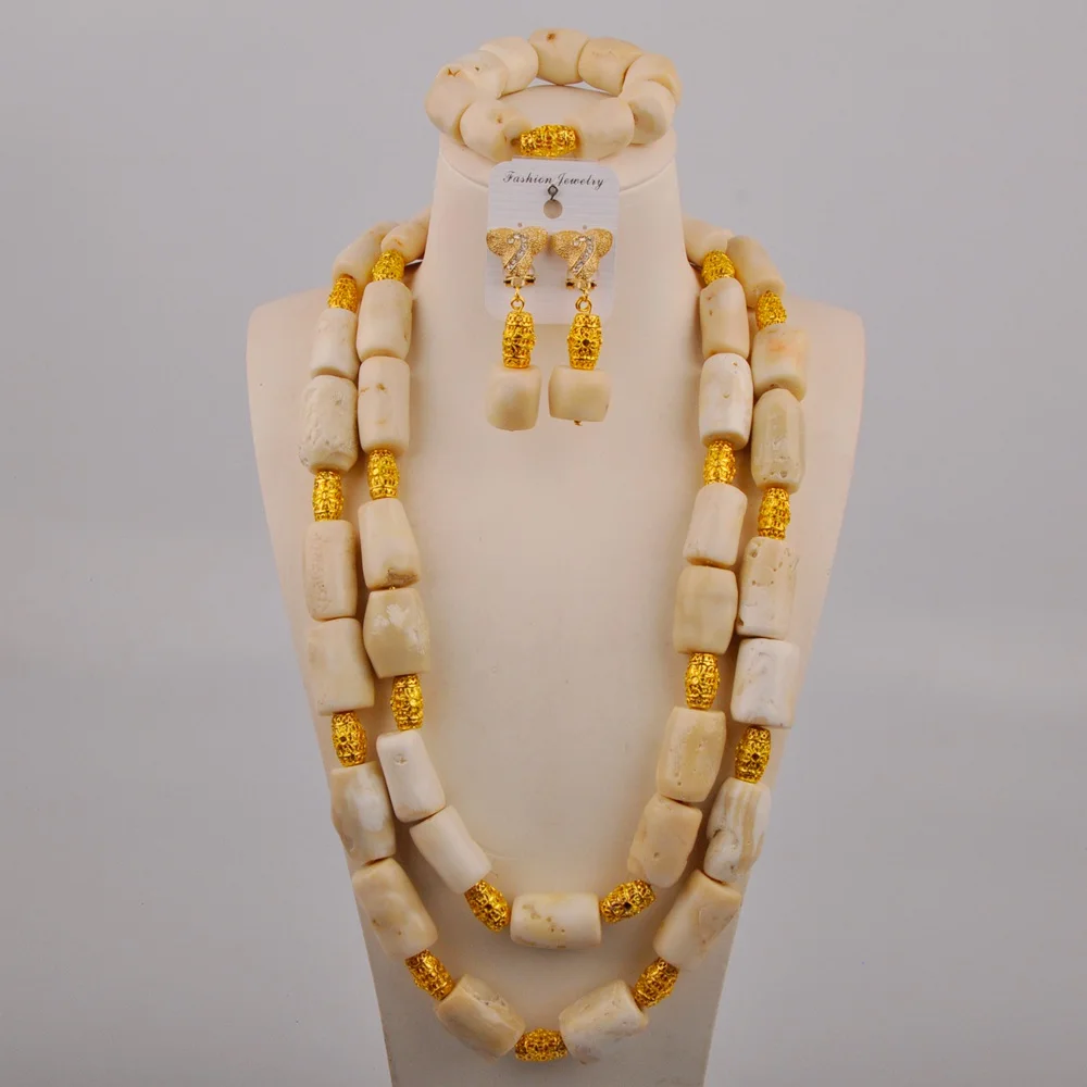 

New Double Layer White Natural Coral Bead Necklace Nigeria Wedding Dress Accessories African Bride Wedding Jewelry Set AU-592
