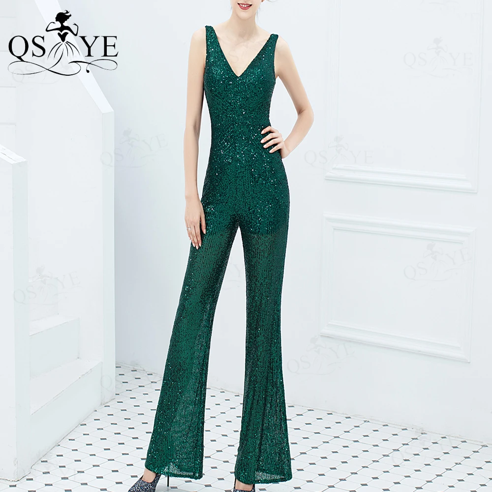 

Emerald Prom Dresses Pants Sequin Evening Gown V neck Sleeveless Formal Dress Open Back Green Party Dress with Pants