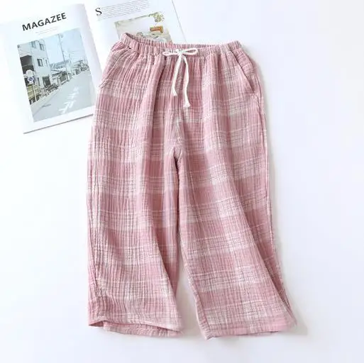 Loose sleepwear pant summer cropped trousers fashion plaid lounge wear pajama pants large size cotton gauze ladies home pant