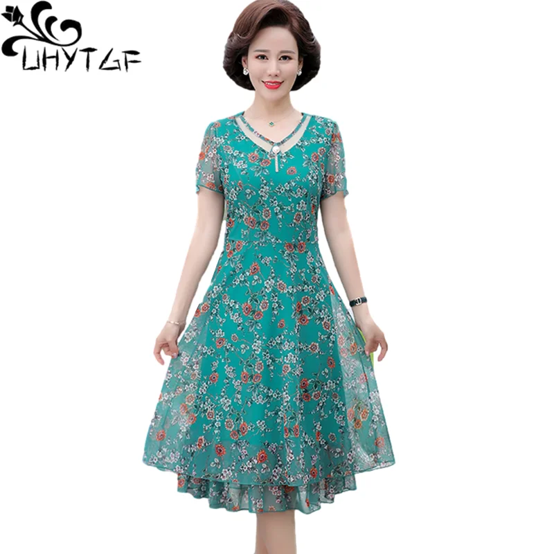 

UHYTGF Fashion Women Dresses Short Sleeve Floral Chiffon Summer Dress Female Temperament Mom 5XL Big Size Clothes Vestidos 2043