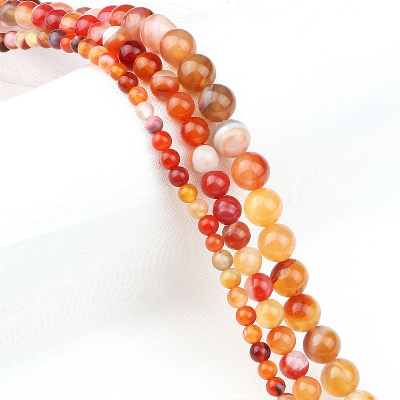 Handmade DIY Bracelet Necklace Carnelian Orange Smooth Natural Stone 8/6/4mm Striped Round Loose Bead Jewelry Making Accessories