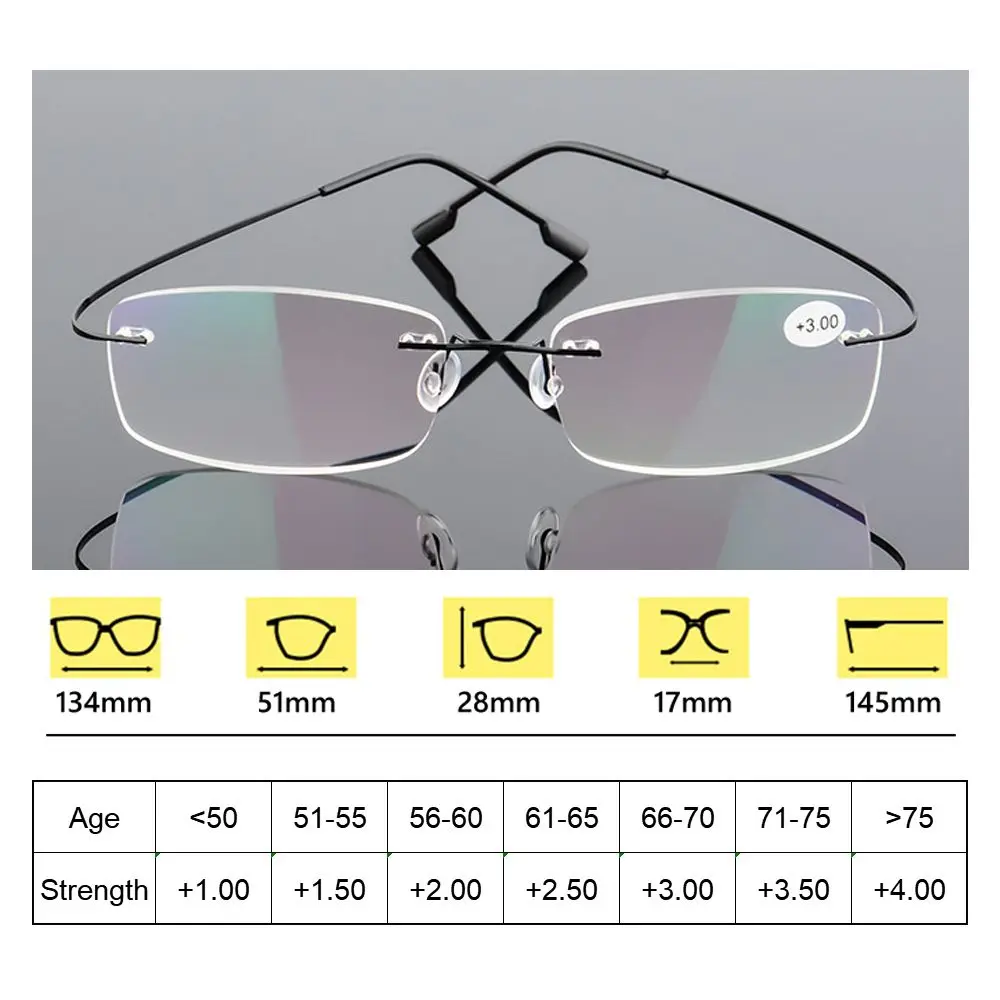Strength +1.0~+4.0 Ultralight Vision Care Presbyopic Eyeglasses Reading Glasses Rimless Memory Titanium