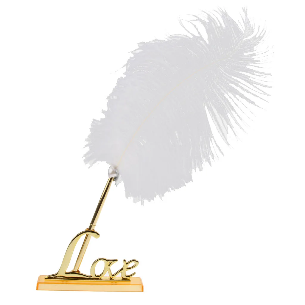 Wedding Signature Feather Signing Pen Gold Plated Love Metal Holder Set