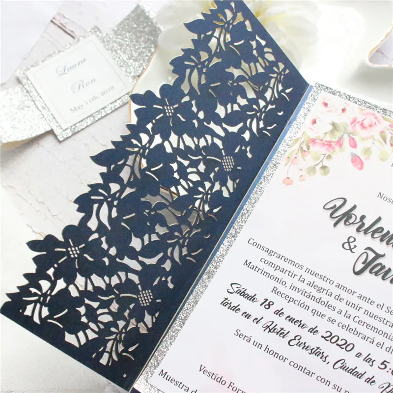 Leaf wedding invitation card with glitter backing belly band marriage valentines ceremony gift cards personalized printing