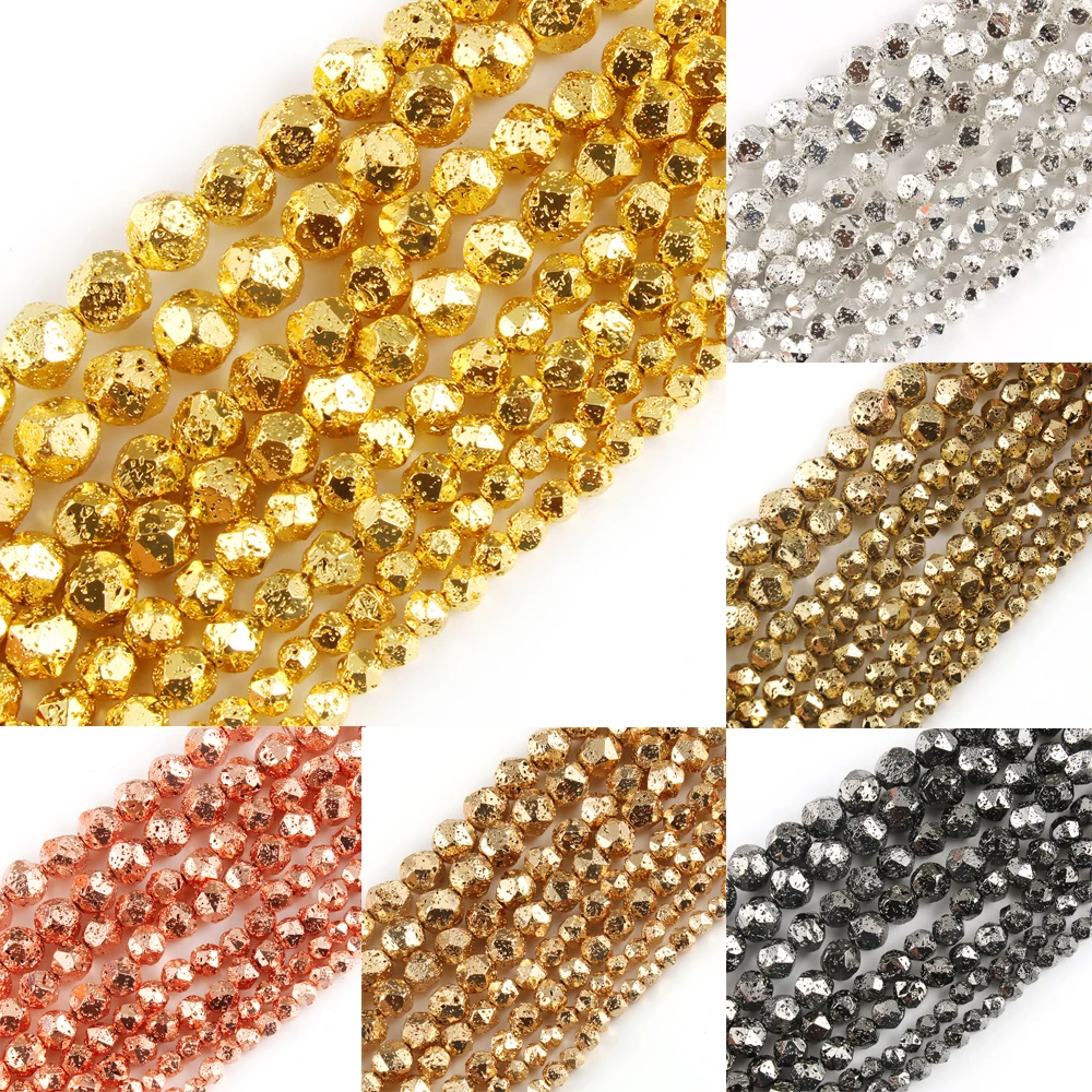 Faceted Bronze Gold Plated Volcanic Stone Bead Natural Lava Mineral Loose Beads for Jewerly Making DIY Bracelets 15inch 6-12mm