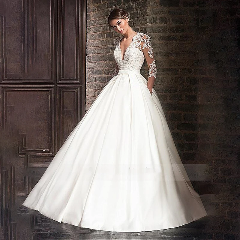 

Marvelous Satin V-Neck A-Line Wedding Dresses With Lace Appliques Half Sleeves Bridal Grown With Pocket Vestidos De Formatura