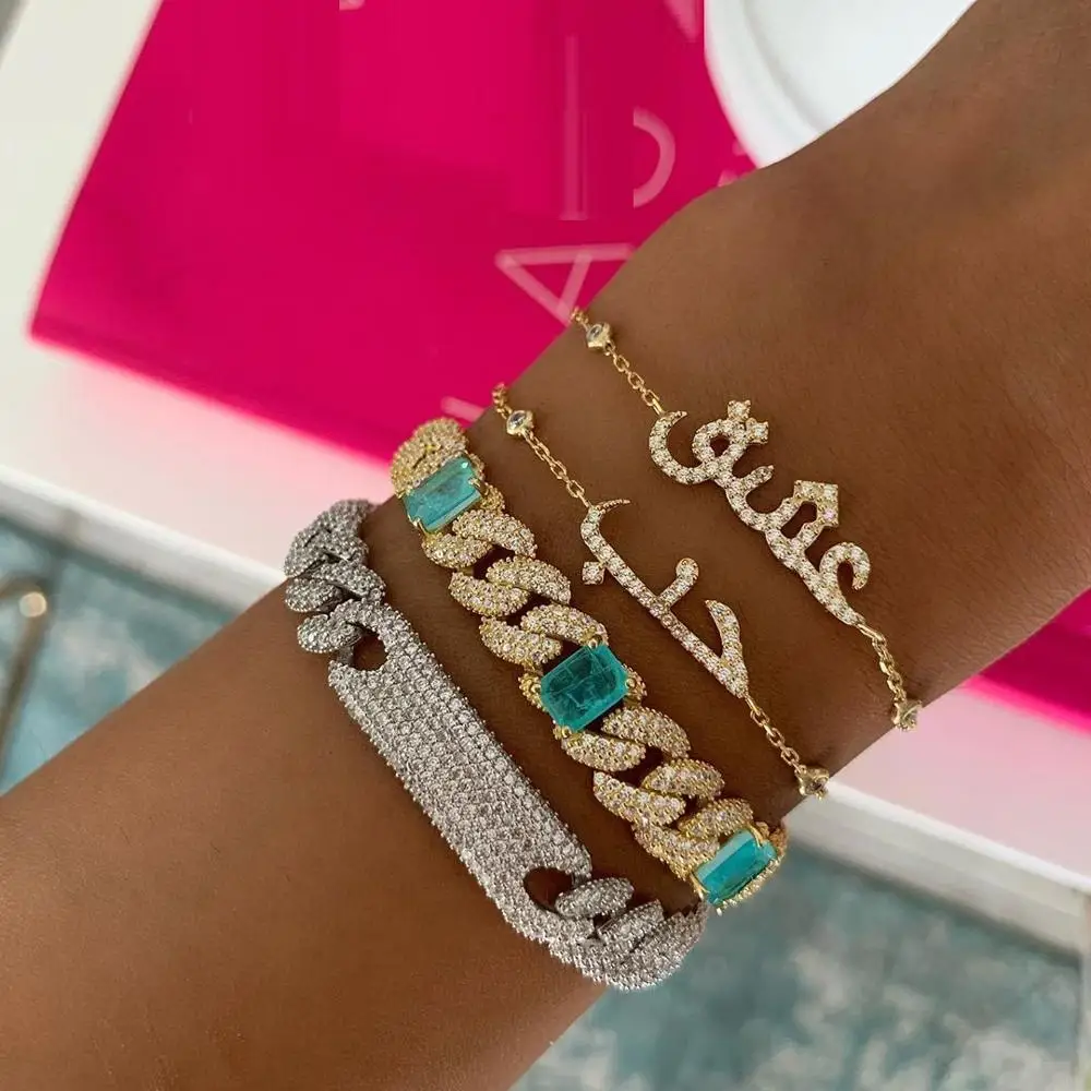 Micro Pave CZ Miami Cuban Link Chain CZ Bar Charm Iced Out Bling Women Girl CZ Bracelet High Quality