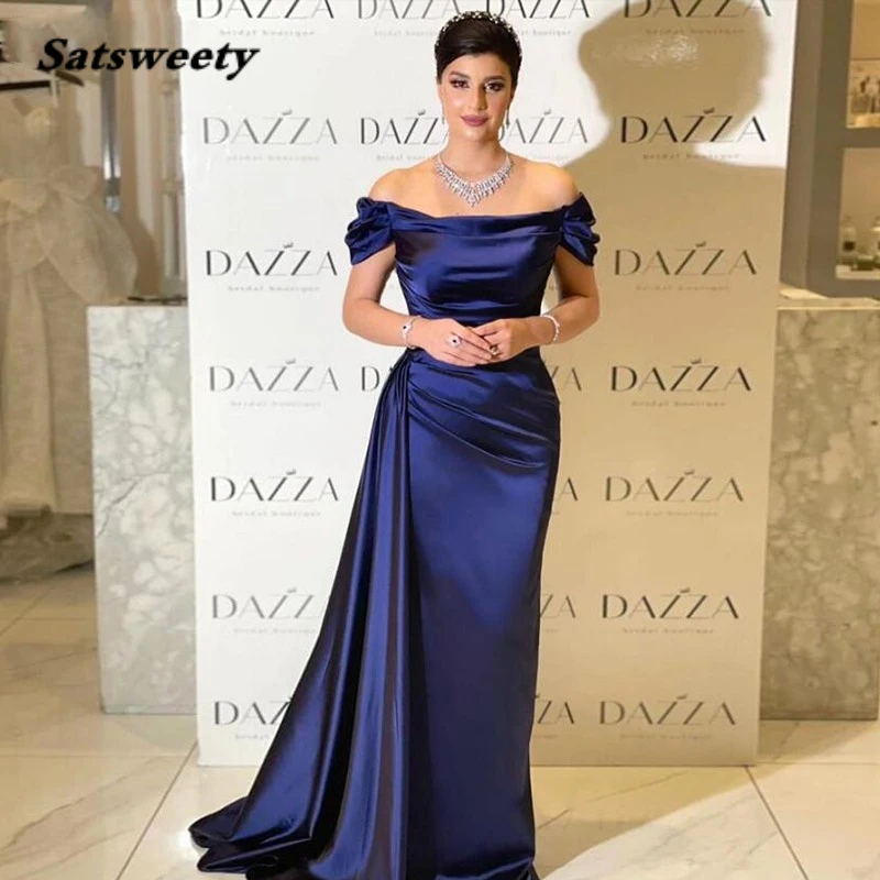 

Elegant Navy Blue Prom Dress With Detachable Train Simple Boat Neck Short Sleeve Satin Evening Gowns For Women Off Shoulder