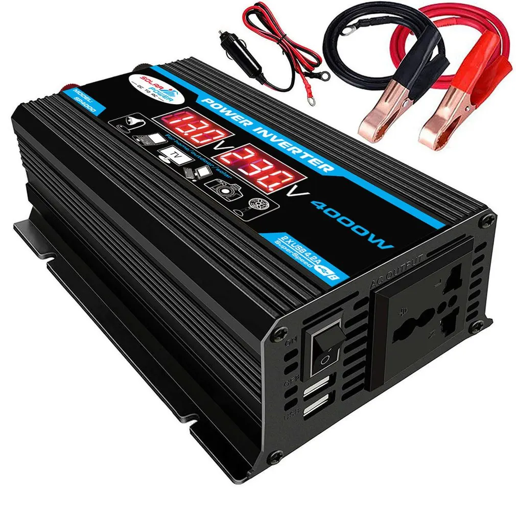 Inversor de potencia de 12V a 110V/220V CA y 4000W para el coche, nuevo dispositivo de onda sinusoidal modificada con indicador LED y puerto dual USB