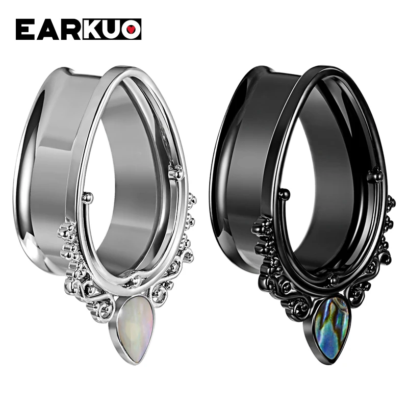 EARKUO New Trendy Water Drop Flower Vine Shell Stainless Steel Ear Piercing Plugs Expanders Body Jewelry Ear Gauges Tunnels 2PCS