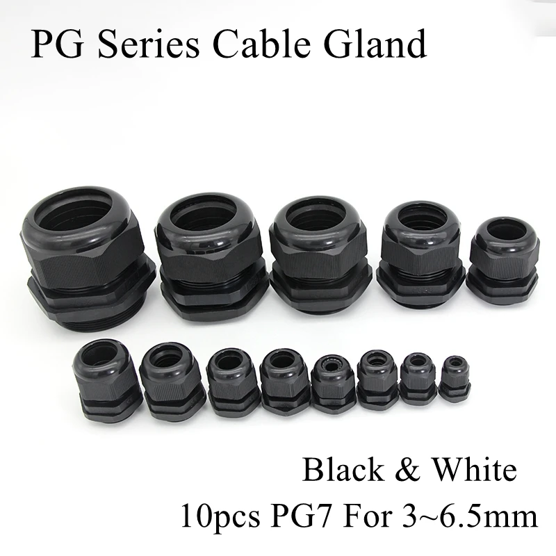 10pc PG7 Cable Gland For 3-6.5mm Wire Cable CE White Black IP68 Waterproof Nylon Plastic Rubber O Ring Seal Gasket Connector