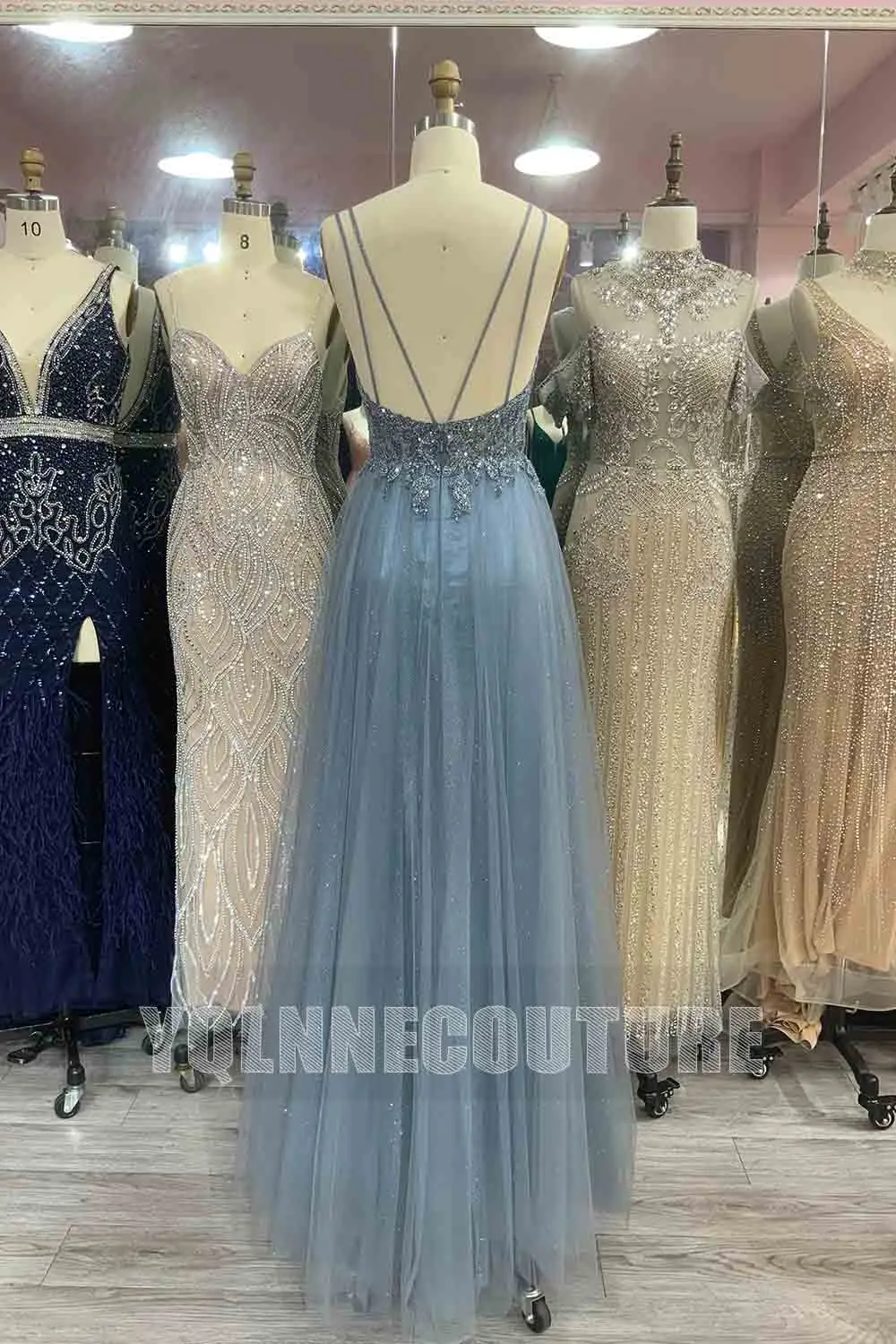 2023 Sparkly Dusty Blue Long Prom Dresses Gala Straps Sequined Beaded Mulheres Vestido de noite Party Night Backless Em estoque