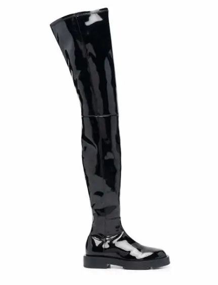 Winter Girls Black Elastic Patent Leather Over The Knee Thigh Boots Woman Round Toe Slim Slip On Long High Top 35 MM Botas Shoes