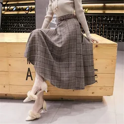 Autumn Winter Warm Vintage Plaid Midi Skirt Women Korean High-Waisted A-Line Skirt Temperament Umbrella Long Skirt With Belt