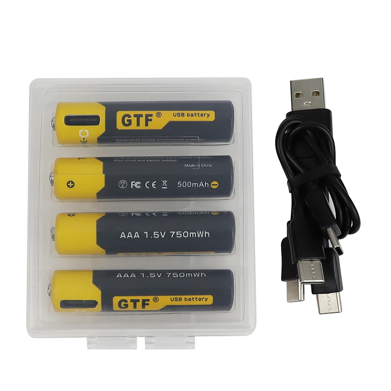 Batería AAA de carga USB tipo C, 1,5 V, 500mah, 750 mWh, iones de litio, 4 en 1, Cable de carga USB tipo C, indicador de carga LED