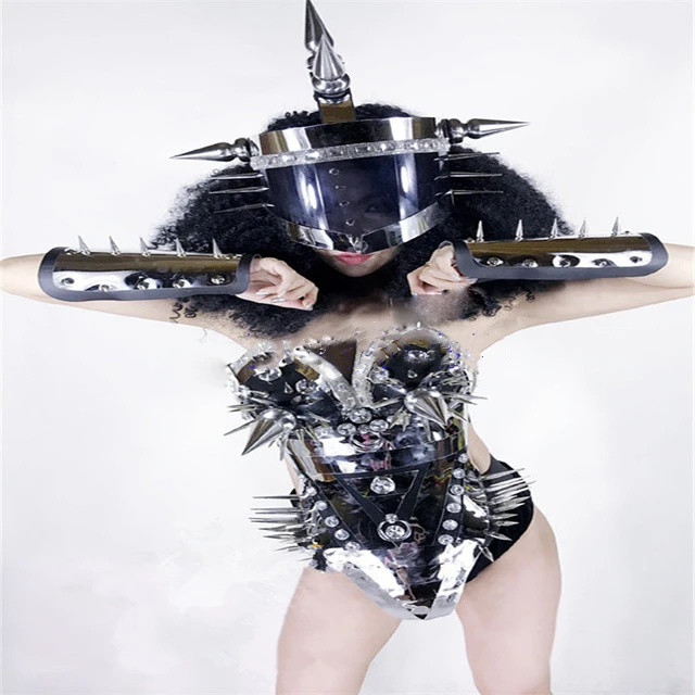 BC59 Stage show sexy rivet mirror silver clothe ballroom dance dress bra bar party ktv helmet robot performance wears costume dj