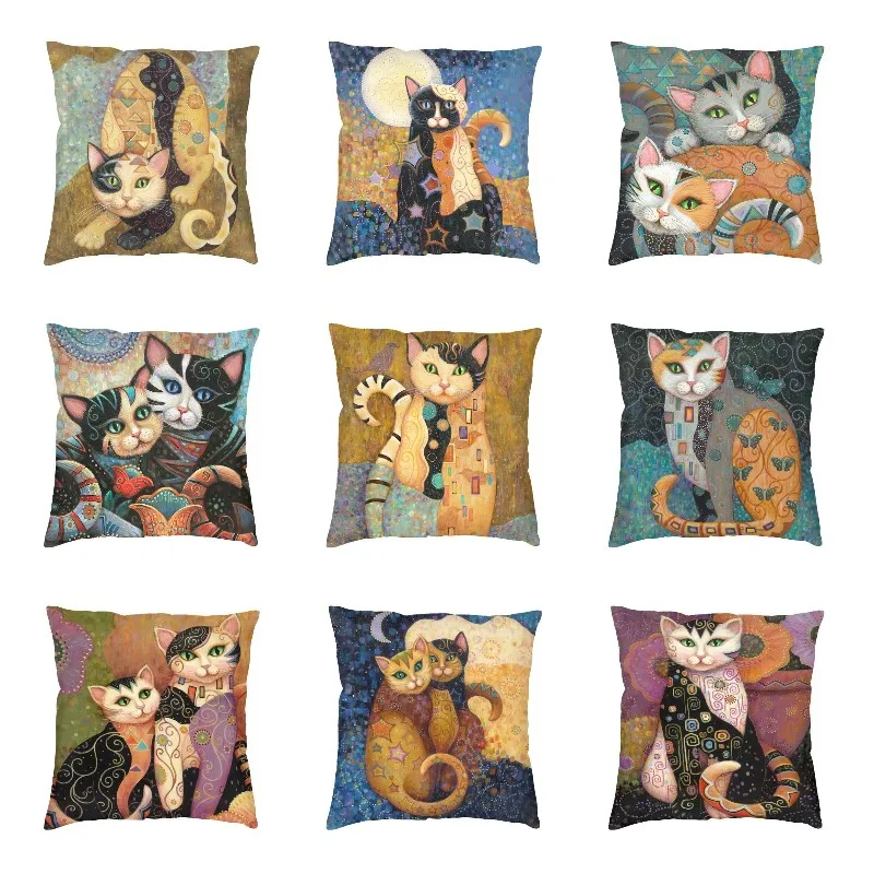 Oil Painting Cat Cushion Cover Art Gustav Klimt Gold Pattern Soft Luxury Pillow Case Living Room Decoration