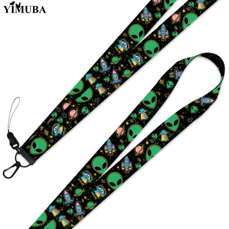 Funny Outer Space Alien Lanyard Key Chain Multifunction Cartoon Printed Webbing DIY Remove Buckle Wrist Rope Lariat Phone Strap