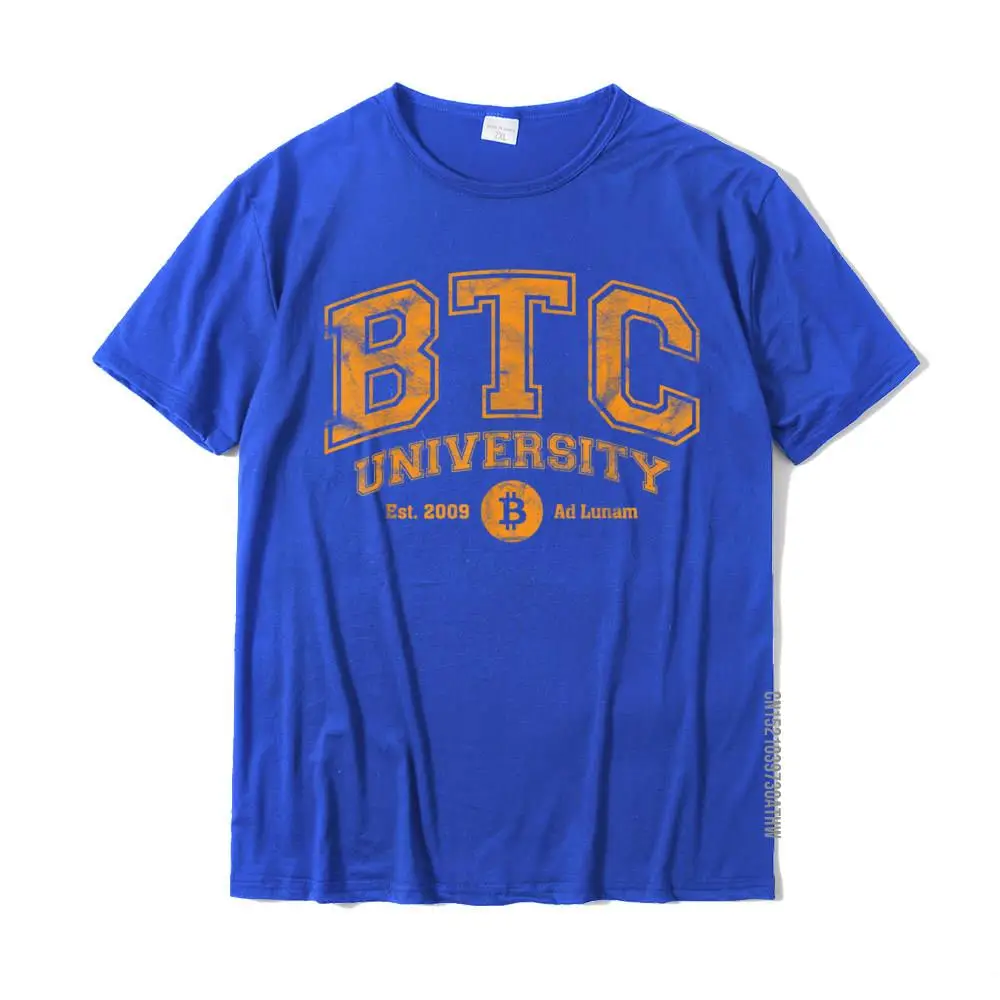 BTC University To The Moon Funny Distressed Bitcoin College koszulka dopasowana normalne koszulki bawełniane męskie koszulki niestandardowe