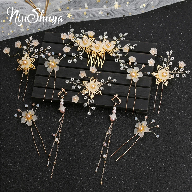 NiuShuya-Pinza para el pelo hecha a mano con borla de Hanfu y flores, peine de estilo antiguo, accesorios para el cabello, accesorio de Cosplay diario, decoración para mujeres y niñas