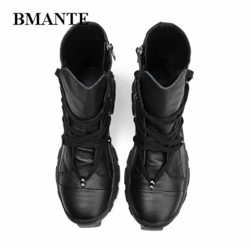 Bmante Men Boots Winter Genuine Leather Handmade Trainers Basic Ankle Boots High Top Lace up Shoes Gothic Dark Owen Sneakers