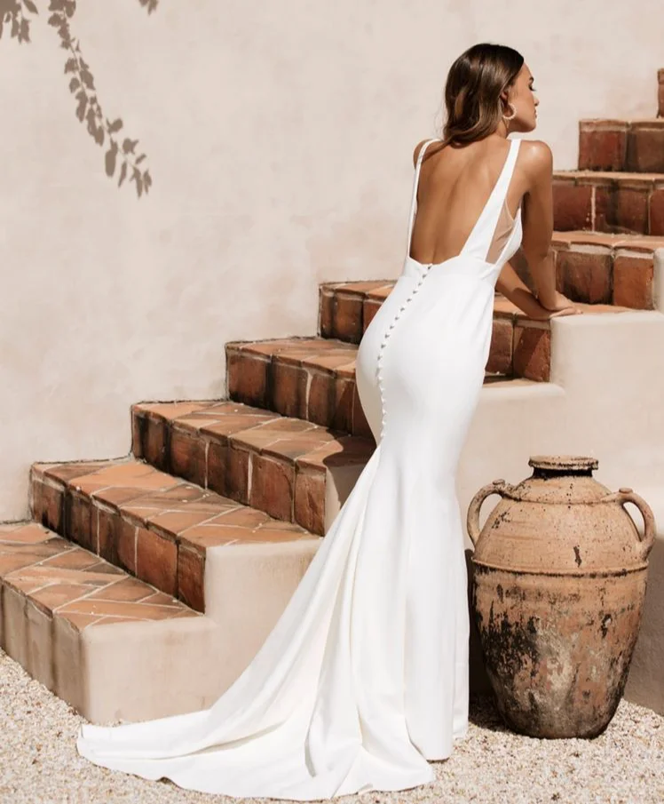 Robe de Mariée Sirène Simple sur Mesure pour Femme, Tenue Blanche Élégante, Sexy, Col Carré, Dos aux, Chic, Boho, pour Patients