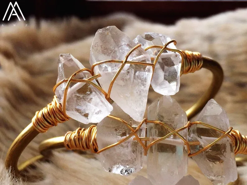 Natural Stone Open Bangle Jewelry Women Gold Color Wire Wrap Irregular White Crystal Quartz Cuff Bangles Bracelets BG001AMAB