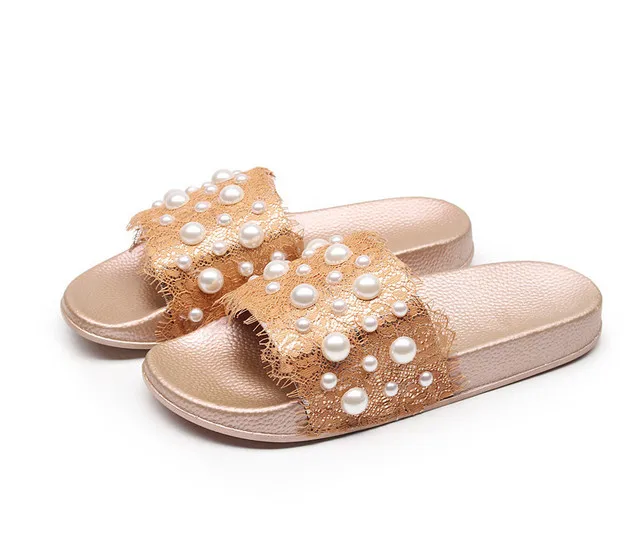 New summer pearl lace sandals flat-bottomed fashion sandals wear-resistant  women's slipper