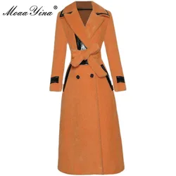 MoaaYina Designer Autumn Winter Warm Trench Women Turn-down Collar Long Sleeve Double Breasted Belt Orange Outwear Overcoat