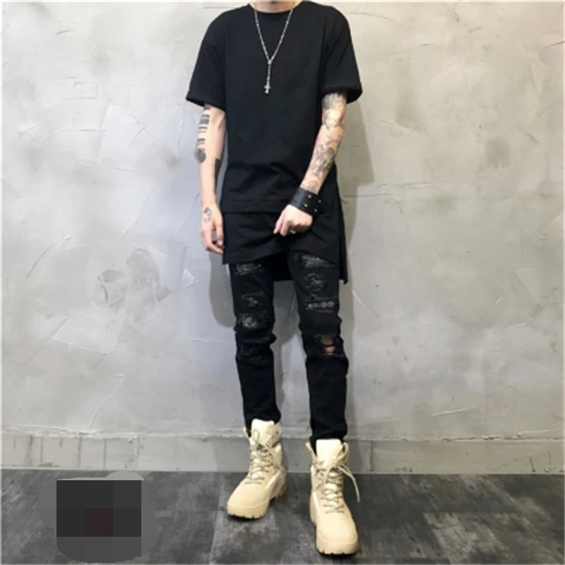 Men's Short Sleeve T-Shirt Summer New Personality Hem Cape In Long Slit Dark Casual Large Size Half Sleeve