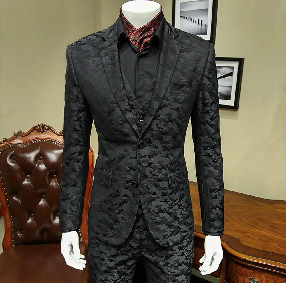 Black Camouflage Mens Wedding Suits Jacket Vest Pants Peaked Lapel Groom Wedding Tuxedos Slim Fit Custom Made