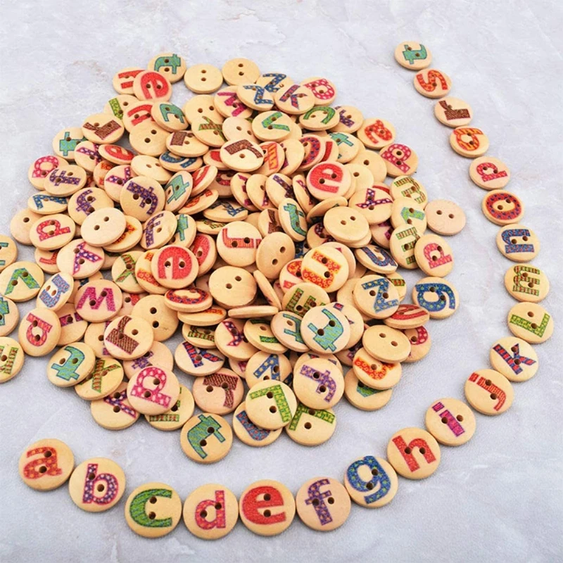 100Pcs 15mm 2-Hole Mixed Round Shaped Alphabet Painted Log Wooden Button Sewing DIY Scrapbooking Clothe Buttons