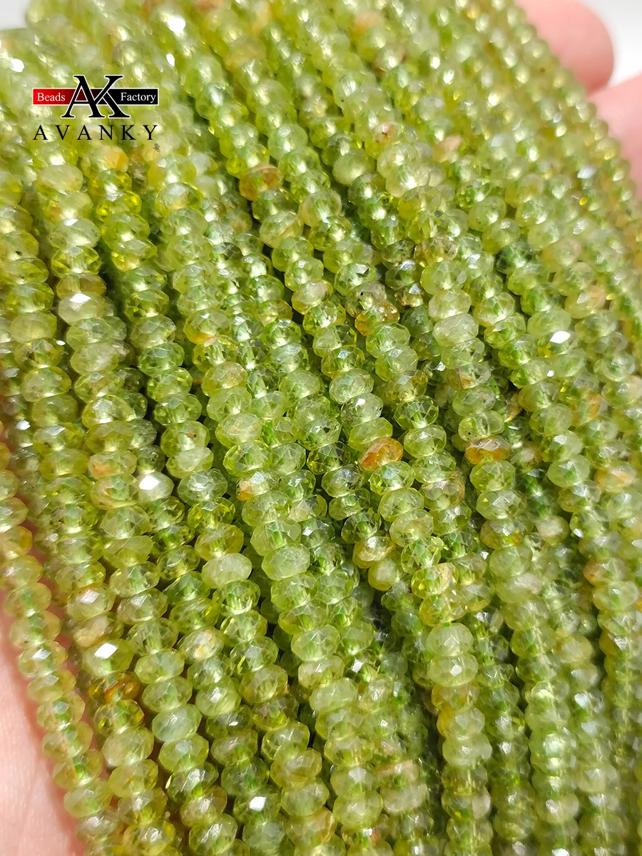 Natural Stone Faceted Green Olivine Beads Small Section Loose Spacer for Jewelry Making DIY Necklace Bracelet 15'' 2x3mm 3x4mm