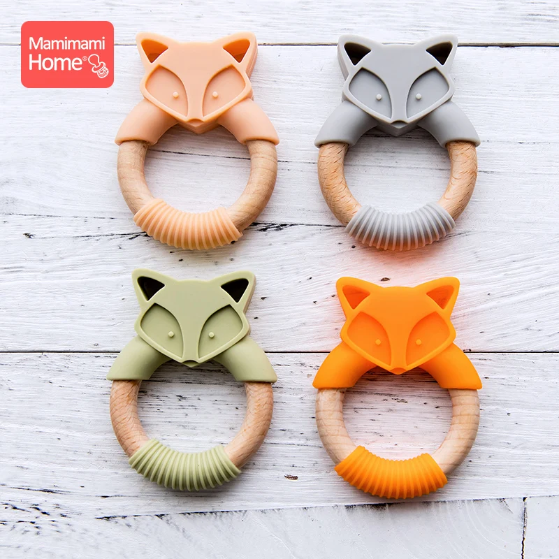 

mamihome baby wooden teether ring fox silicone rodent wooden blank teether ring Food grade Silicone Children's goods nurse gift